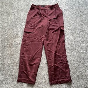 Express Burgundy Women's Wide Leg Satin Cargo in Rum Raisin